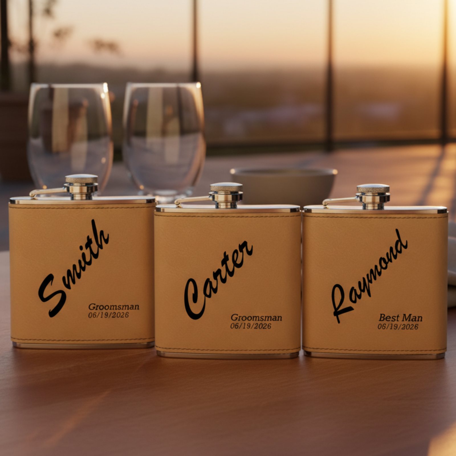 Three tan leather flasks with stainless steel caps lined up on a table, each engraved with a sample name (Smith, Carter, Raumond), role, and date 06/19/2026.