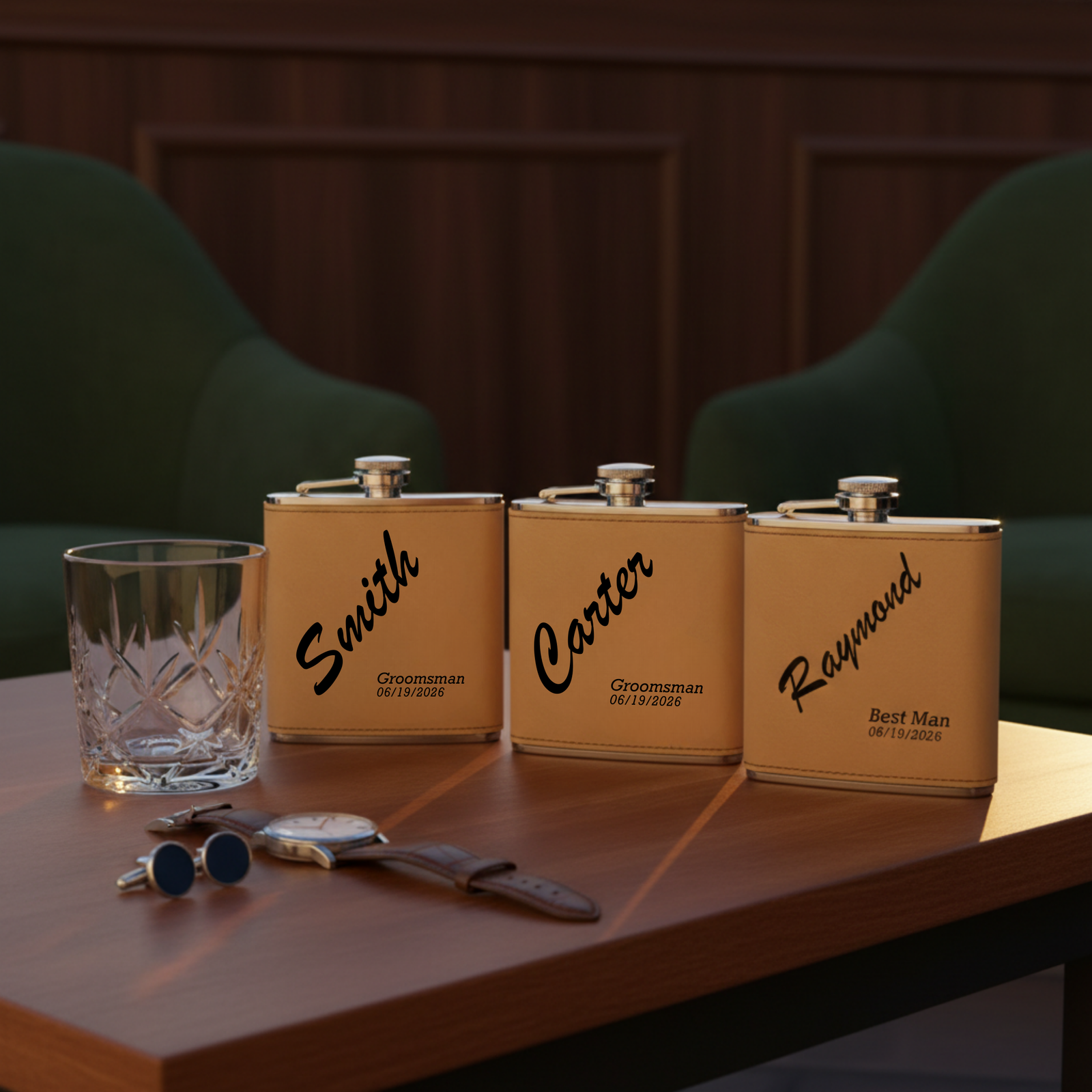 Three tan leather flasks engraved with sample names "Smith," "Carter," and "Raymond" with dates and titles, displayed with a crystal rocks glass and accessories on a wooden table.