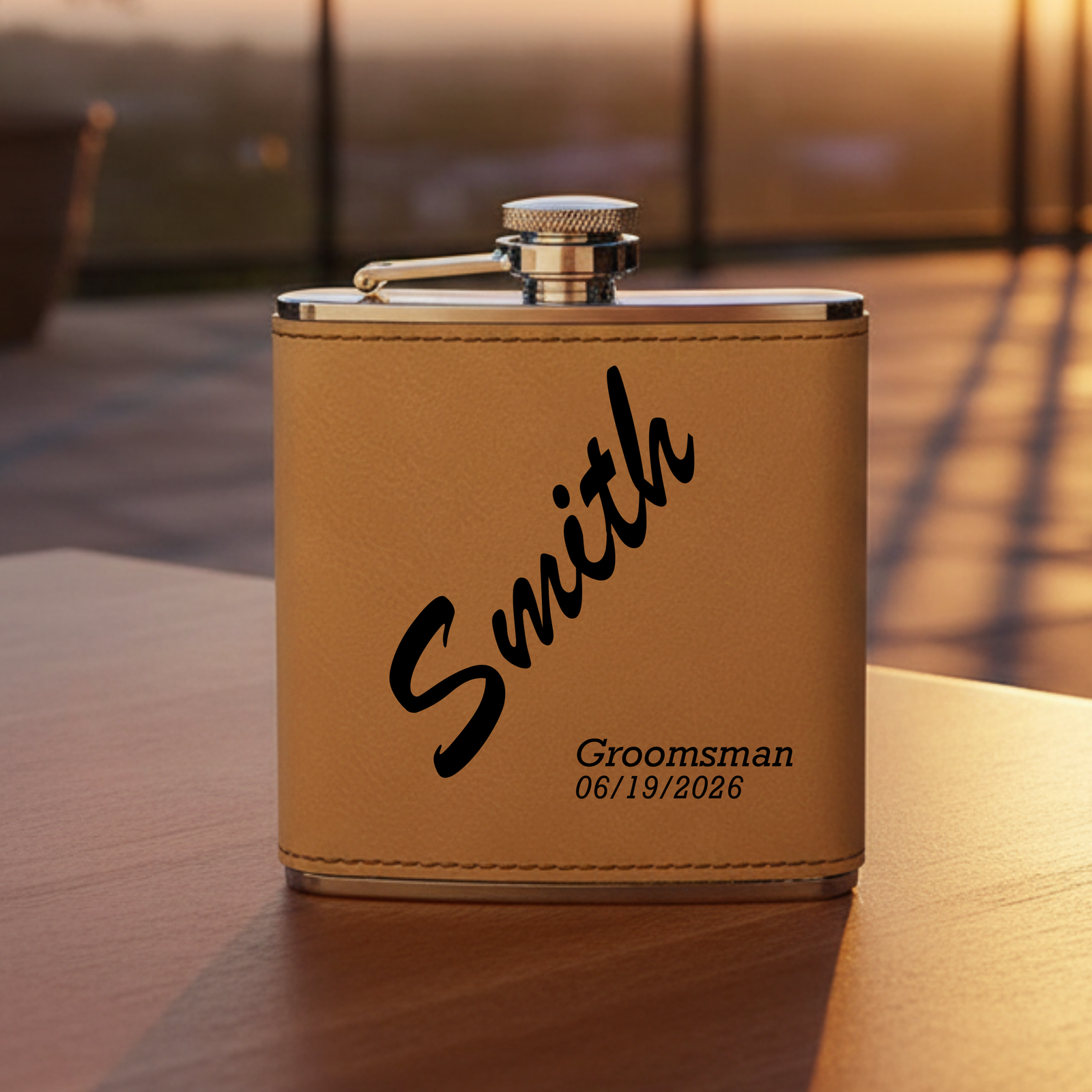 Tan leatherette flask with stainless steel cap, personalized with sample engraving reading "Samith" and "Groomsman 06/19/2026" in black script and italic text