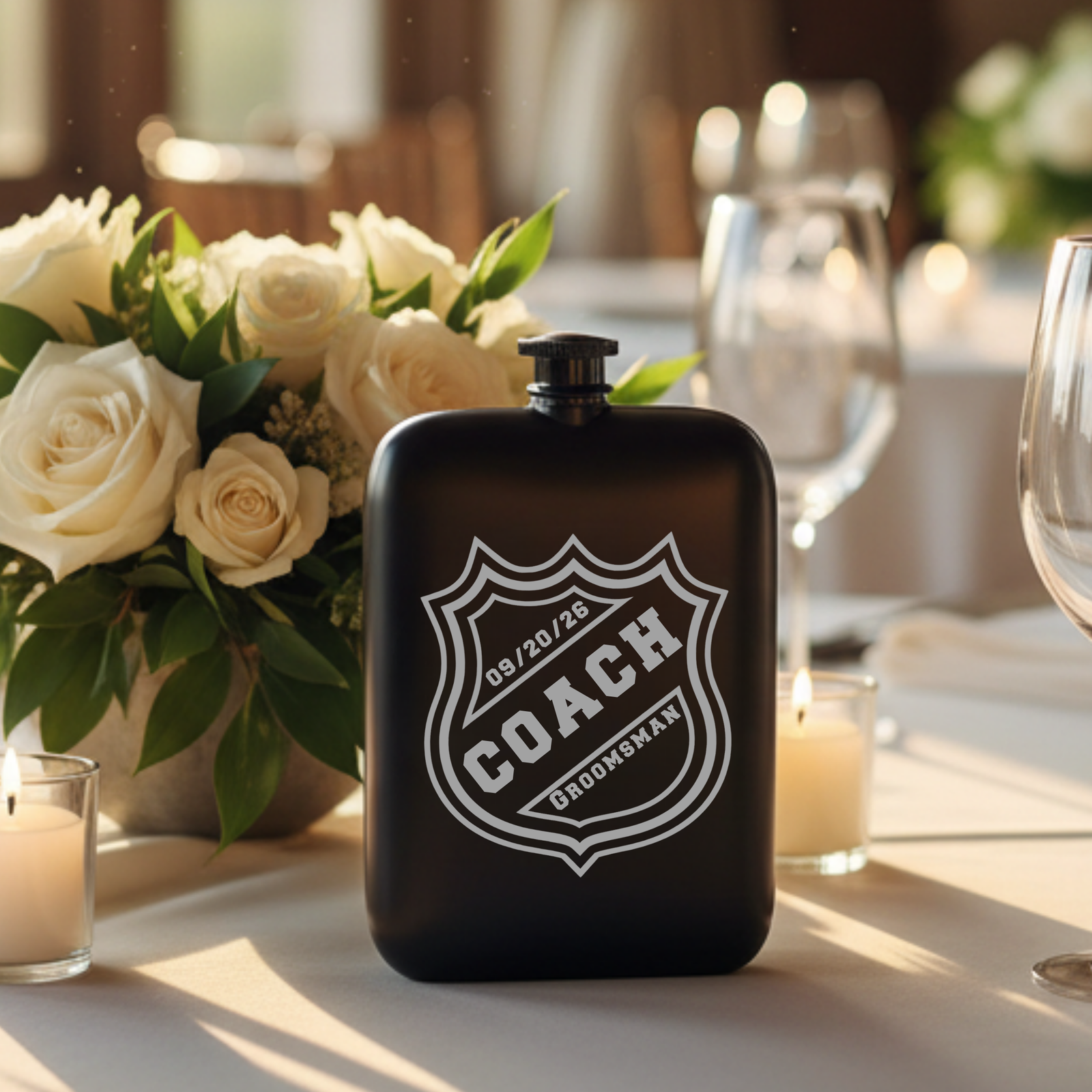 Black stainless steel flask with laser-engraved hockey crest design featuring sample text "COACH" and date "03/20/28" displayed on formal table setting with white roses and candles.