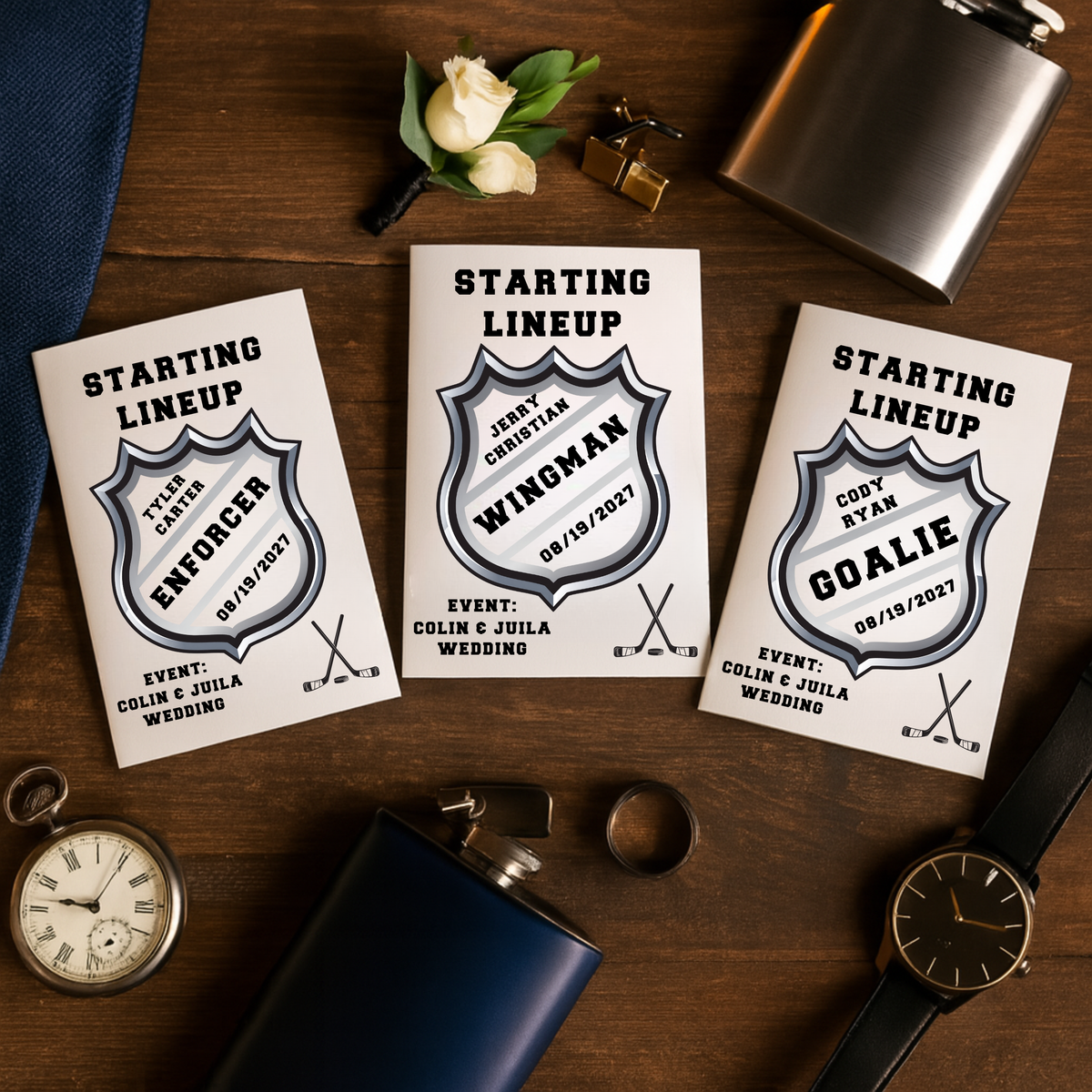 Custom hockey groomsmen invitation card with personalized wedding role