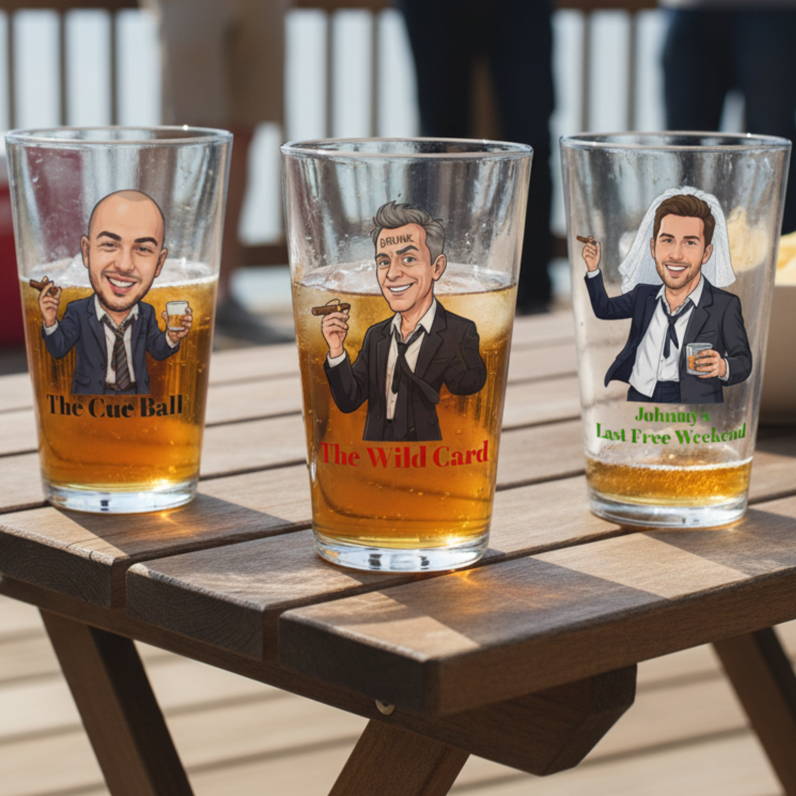 Three custom pint glasses filled with amber liquid, each featuring a different caricatured male character with sample text labels "The Cue Ball," "The Wild Card," and "Johnny's Last Free Weekend