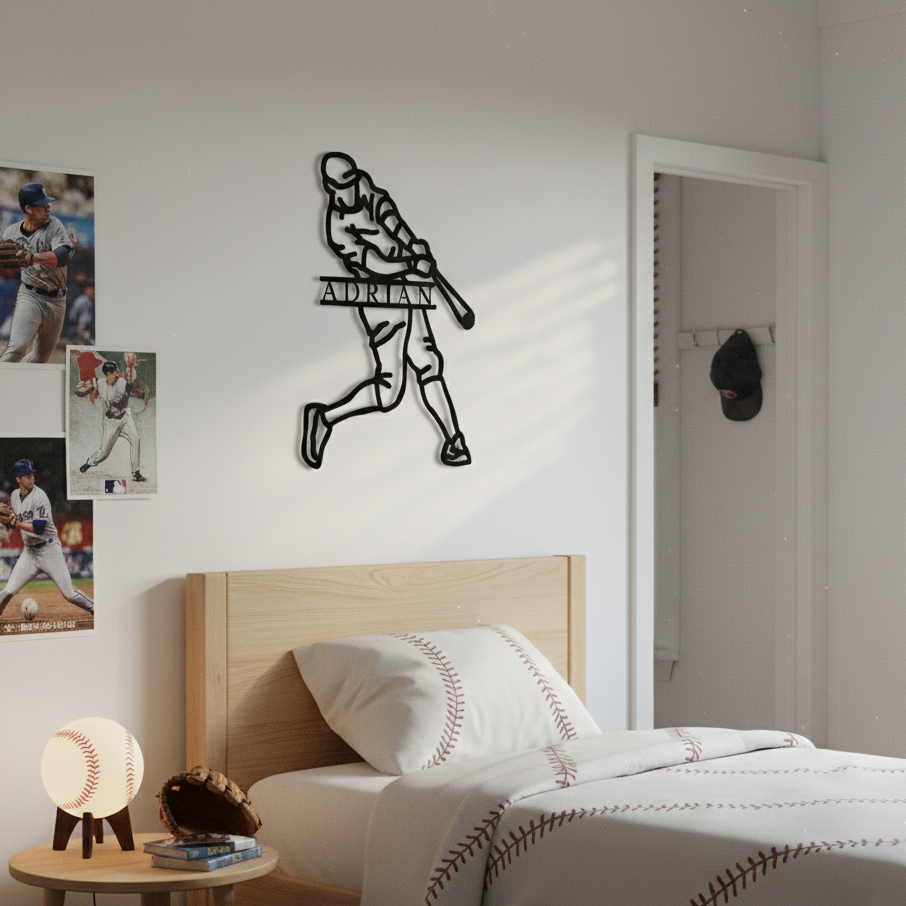 Black metal wall sign featuring a baseball batter in mid-swing with sample name "ADRIAN" personalized across the figure, mounted above wooden bed frame with baseball-themed bedding.