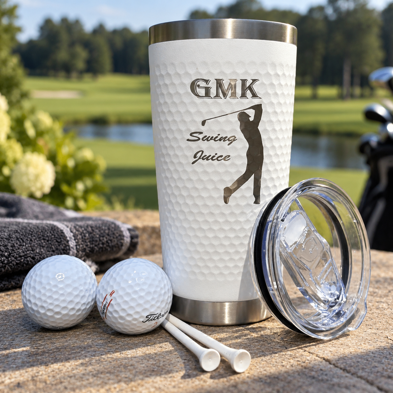 A white textured insulated tumbler with a stainless steel lid and base, engraved with 'GMK Swing Juice' and a golfer silhouette, shown on a stone surface outdoors with golf balls, tees, and a towel nearby.