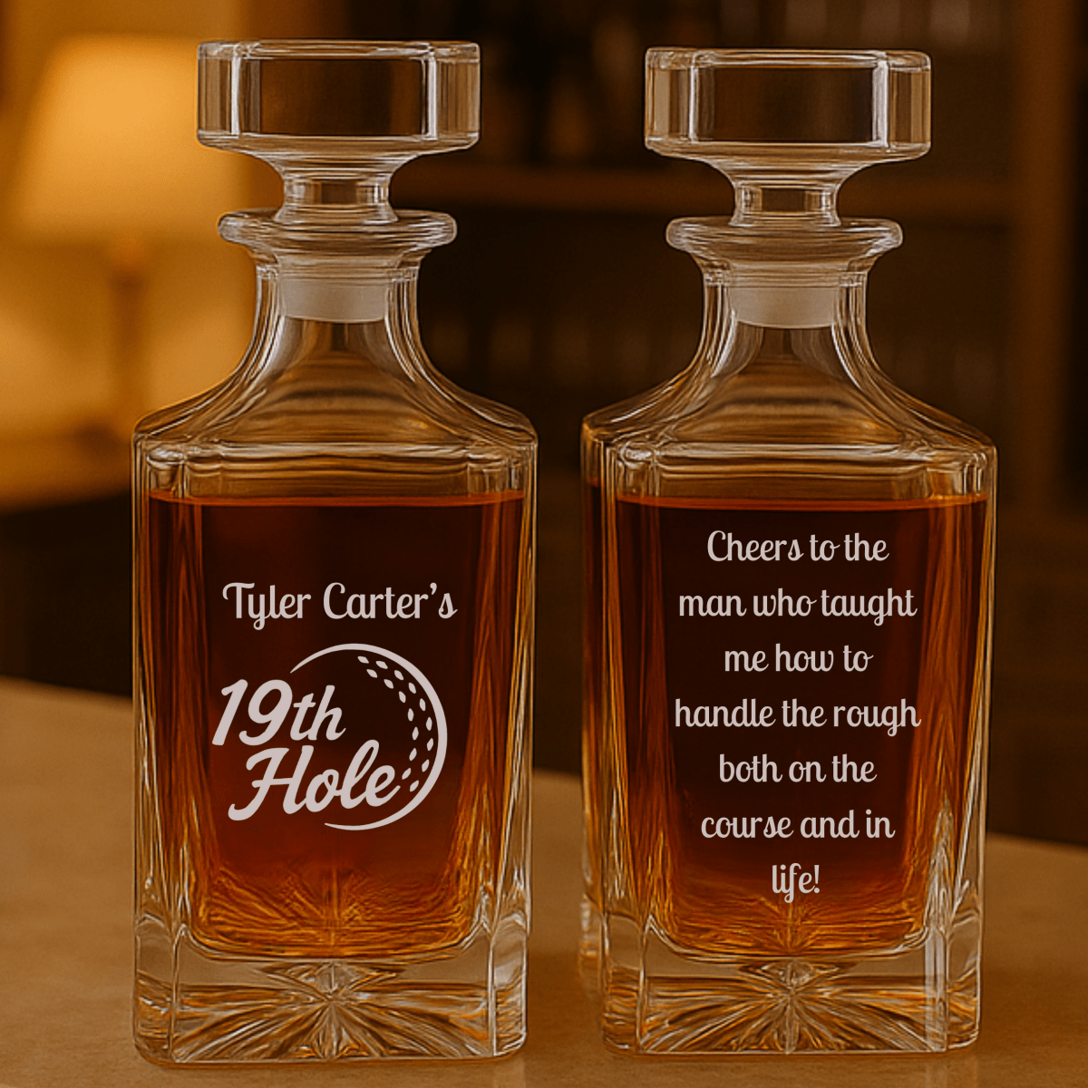 Two glass decanters with engraved text on a wooden surface.