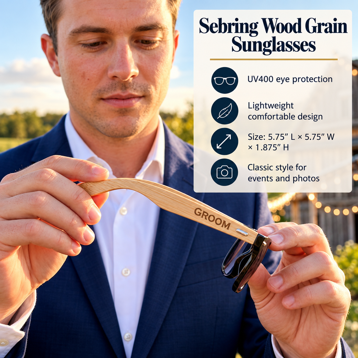 A man in a navy suit holds a pair of Sebring wood grain sunglasses outdoors, with an informational text panel on the right detailing product features.