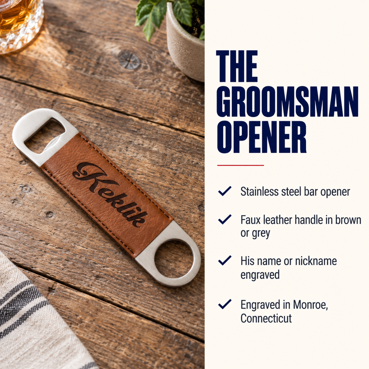 A personalized stainless steel bar opener with a brown faux leather handle engraved with the name 'Keklik', displayed on a rustic wooden table next to a text panel describing the product features.