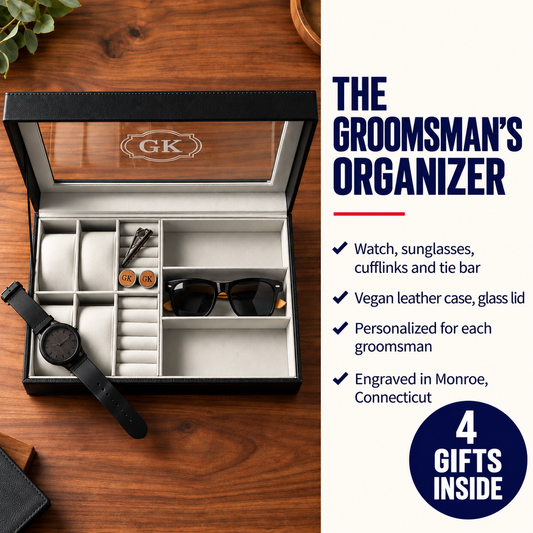 A groomsman organizer case shown open on a wooden tabletop, with accessories inside and text on the right describing features and gift contents. The case has a black exterior, clear glass lid, and light beige interior compartments.