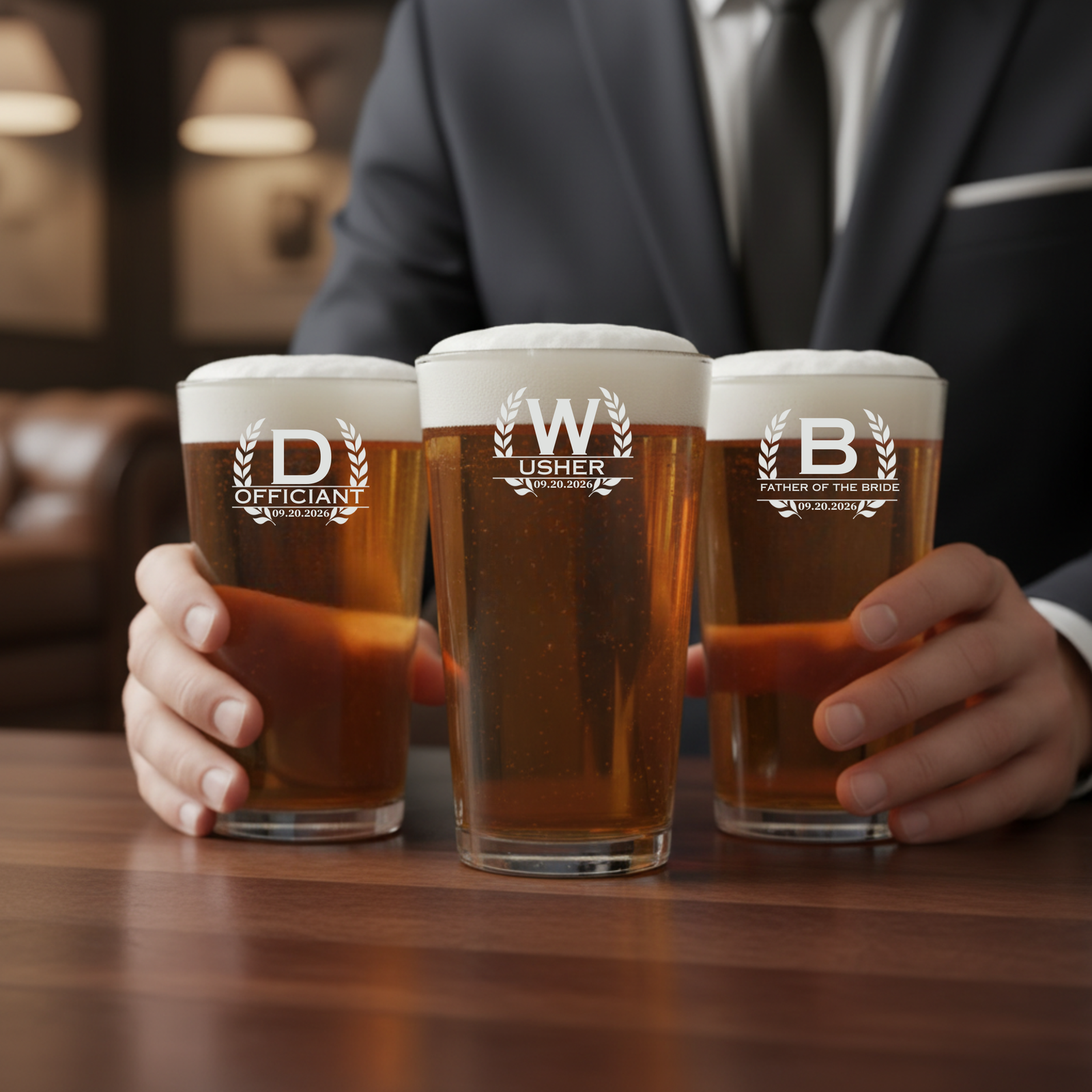 Three pint glasses filled with beer, each laser-engraved with sample wedding party roles: "Officiant," "Usher," and "Father of the Bride," with laurel wreath designs and date 09.20.2026
