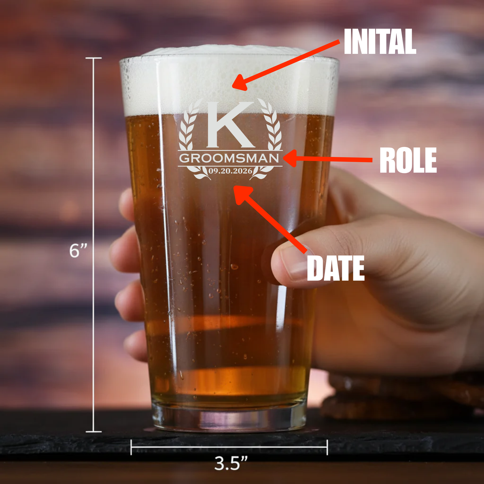 6-inch pint glass with laser-engraved sample personalization showing initial "K," groomsman role, and wedding date "09.20.2026