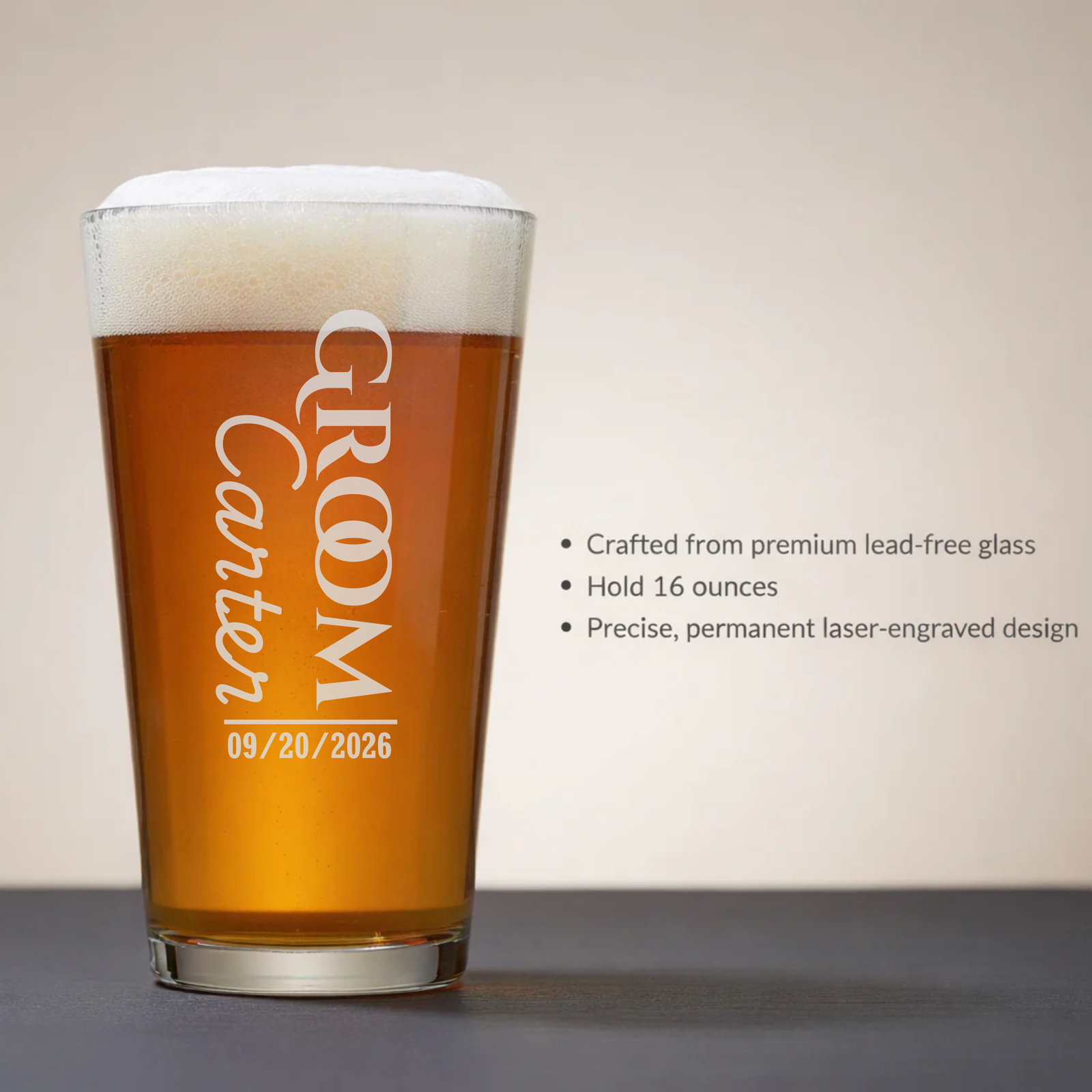 16-ounce pint glass filled with beer, laser-engraved with "GROOM Catcher" text and sample date "09/20/2026" in white