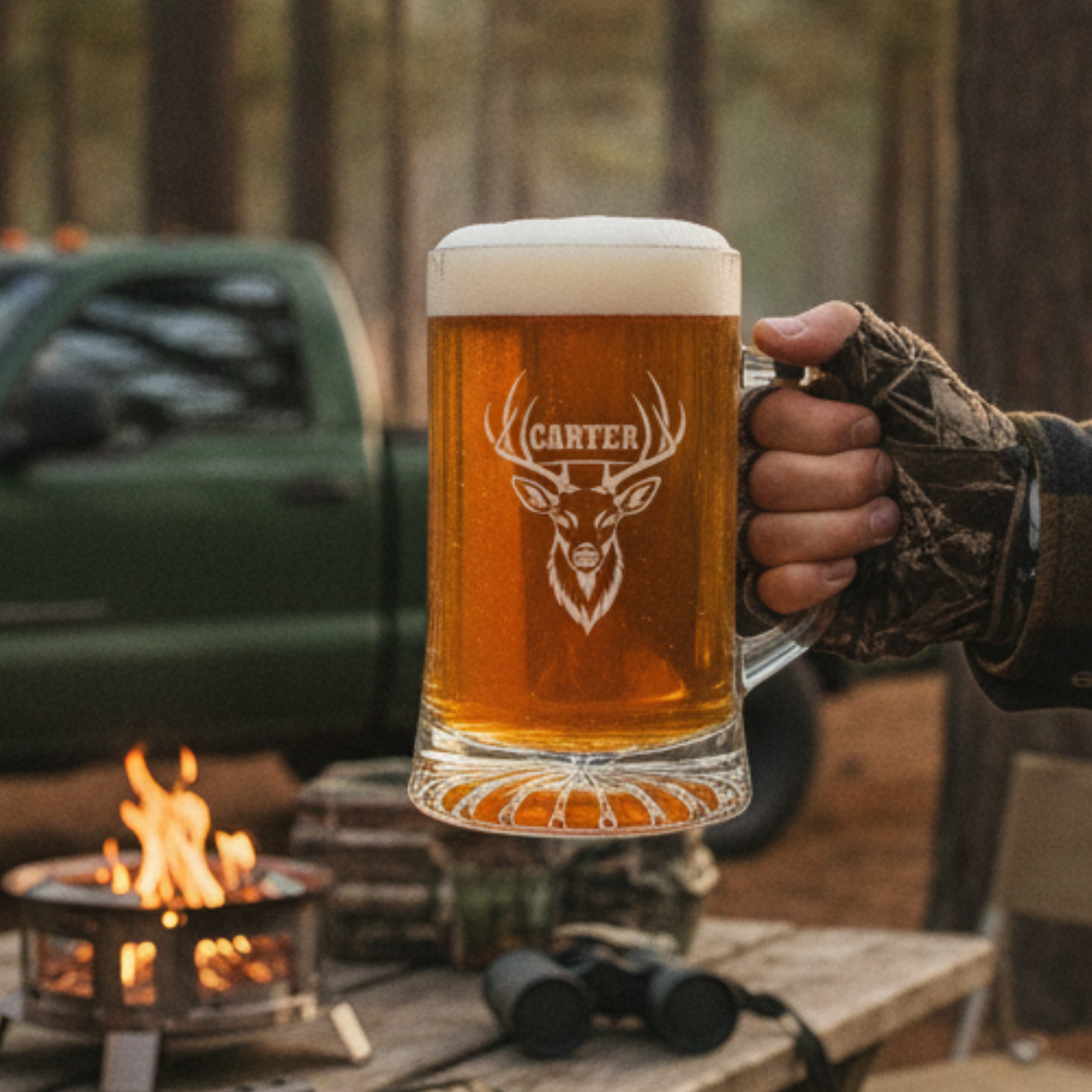 Hand holding engraved beer mug with "Carter" and deer head design, filled with amber beer, campfire and truck in background
