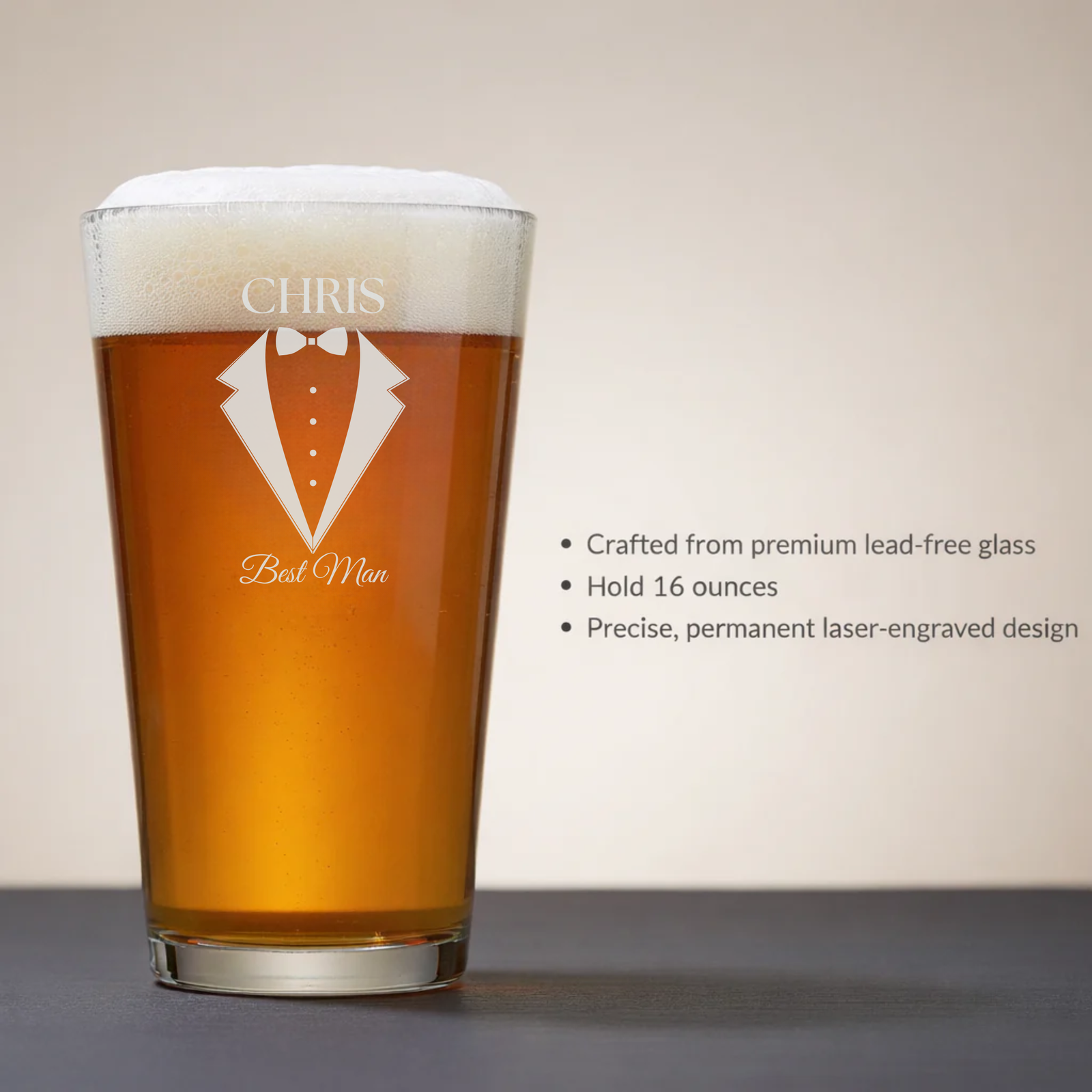 16-ounce pint glass filled with beer, laser-engraved with sample name "CHRIS" and tuxedo design with bowtie and "Best Man" text