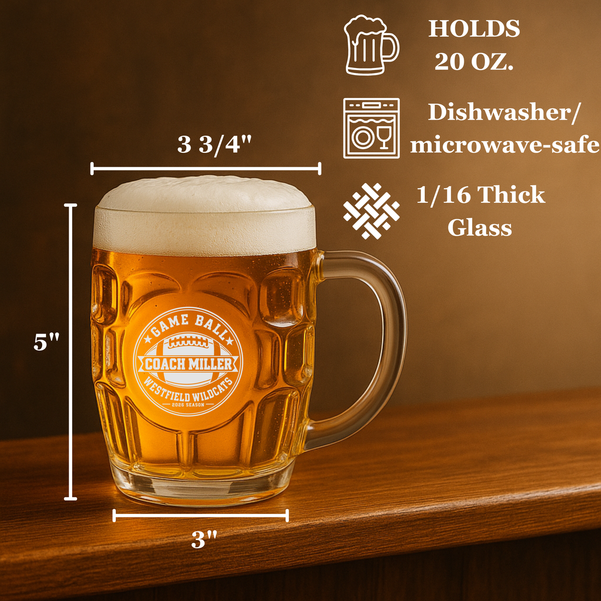 Size guide for the 20 oz football beer stein showing 5 inches tall, 3 3/4 inches across the top and a 3 inch base, dishwasher and microwave safe