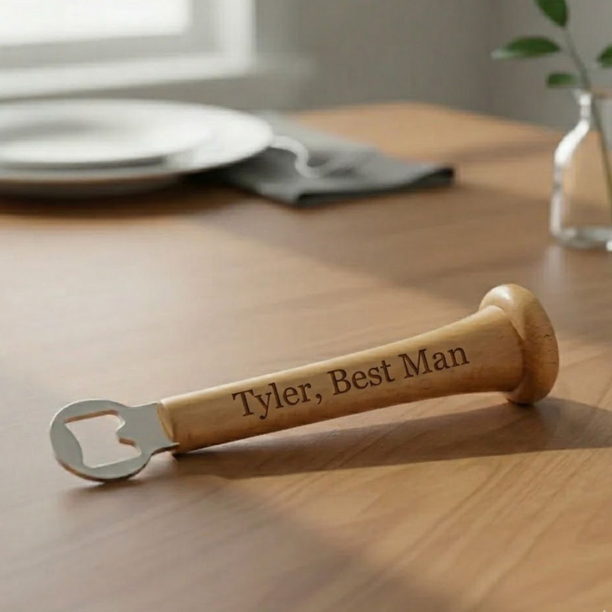 Wooden bottle opener with 'Tyler, Best Man' engraving on a wooden table.
