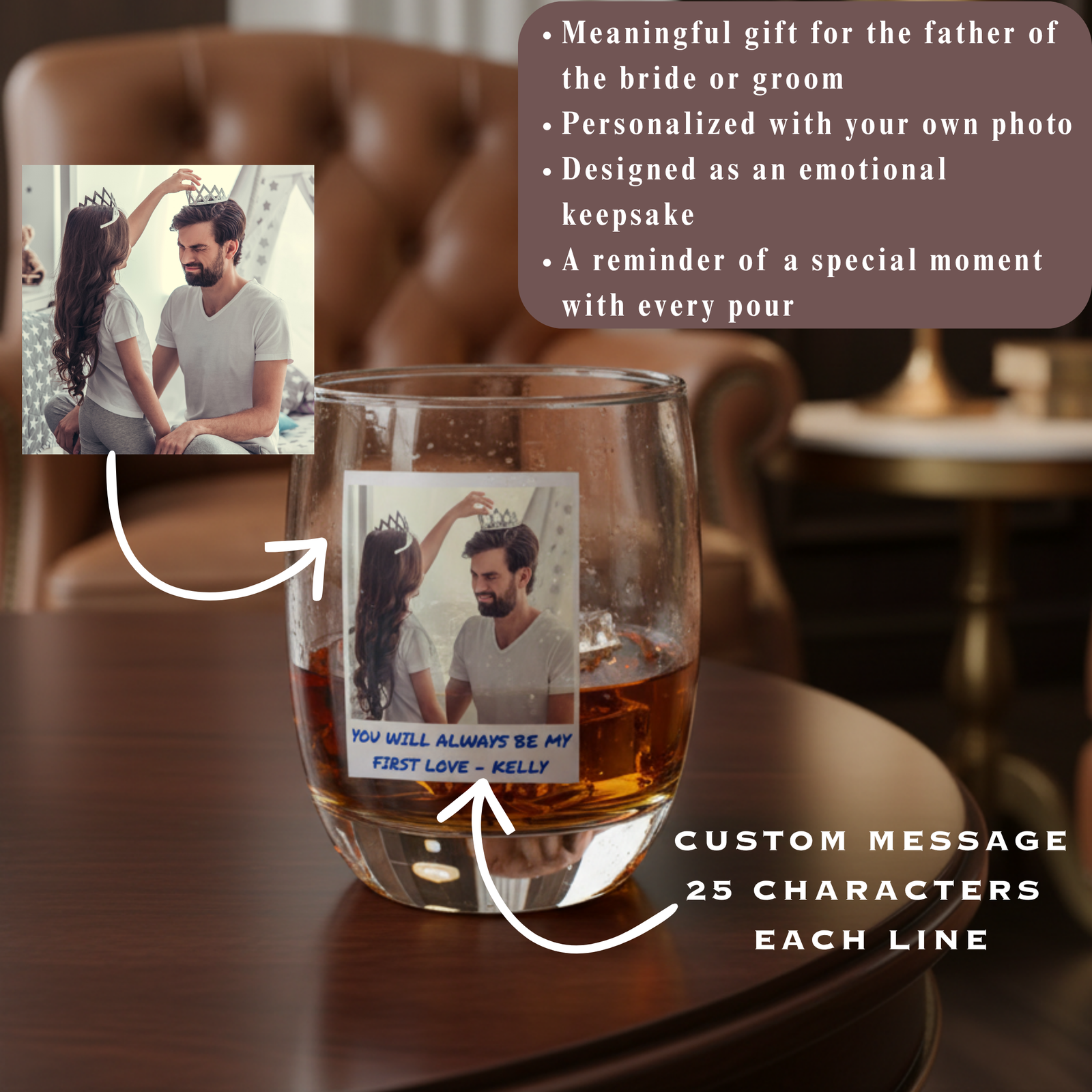 Whiskey glass filled with amber liquid, personalized with sample photo and custom text "YOU WILL ALWAYS BE MY FIRST LOVE – KELLY" printed on exterior