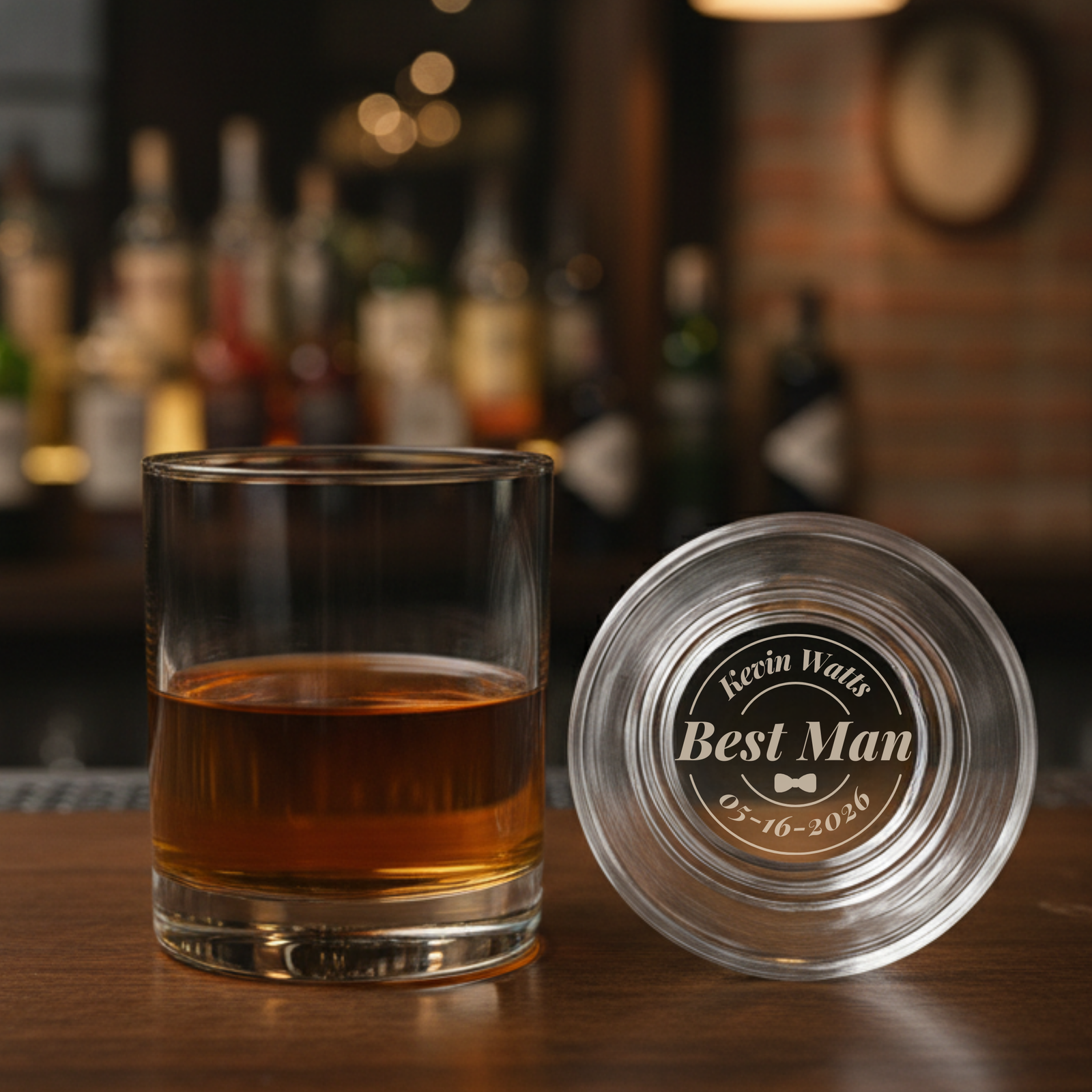 Glass of whiskey with a personalized coaster on a bar counter