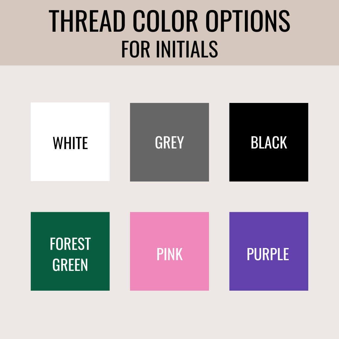 Thread color options for monogrammed initials including white, grey, black, forest green, pink, and purple