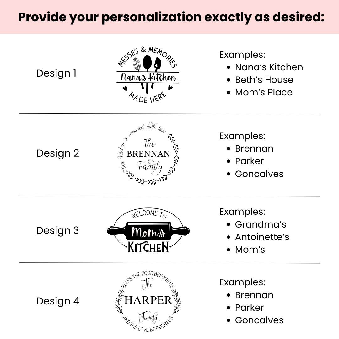 Grid of four customizable engraving designs showing kitchen-themed motifs with sample text personalization options for glass food storage containers