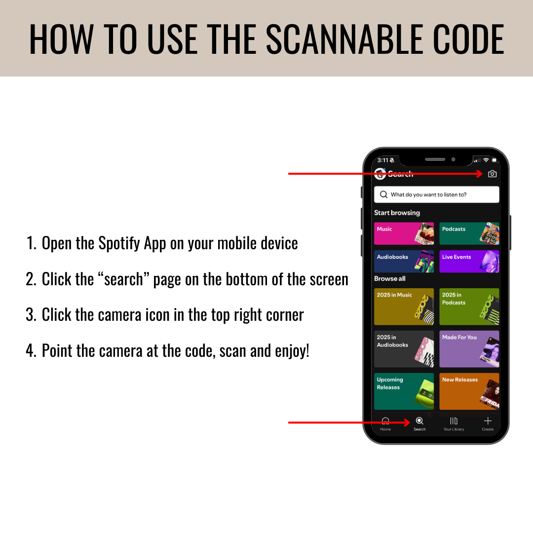 Instructional diagram showing steps to scan a Spotify code using the mobile app camera feature, with numbered text and annotated smartphone interface