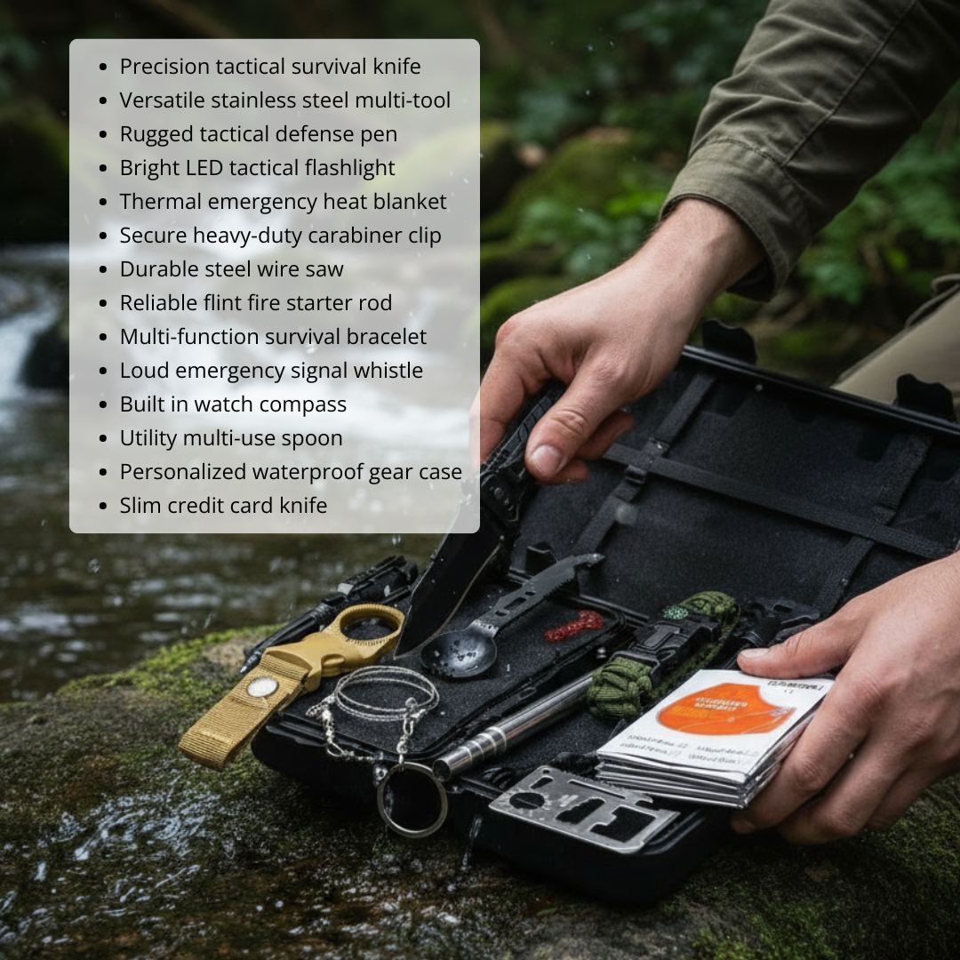 Black waterproof gear case open displaying 14-piece survival kit contents including knife, flashlight, fire starter, wire saw, tactical pen, emergency blanket, compass bracelet, and multi-tool accessories arranged on moss-covered rock near water