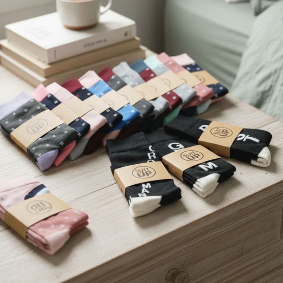 Multiple pairs of colorful socks displayed in kraft paper bands, showing various color and pattern options including solids, stripes, and polka dots in navy, black, pink, burgundy, blue, and gray.