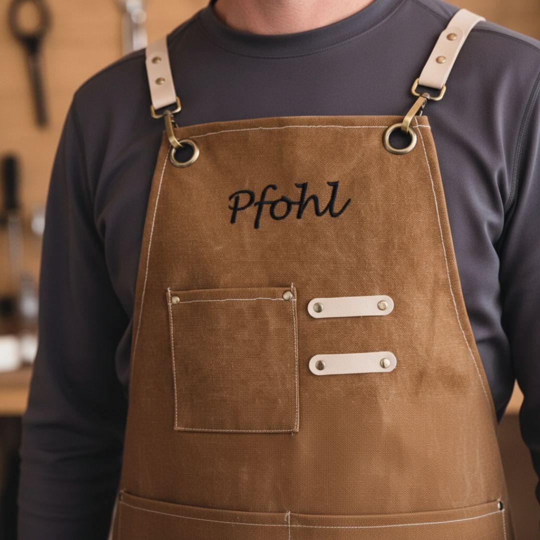 Tan canvas apron with personalized "Pfohl" engraving, cream leather straps, and dual chest pockets with metal accents, worn over dark shirt