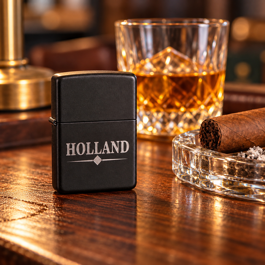 A matte black rectangular lighter engraved with the name 'HOLLAND' and a small diamond symbol, standing on a wooden bar counter next to a glass of amber liquor, a cigar in a glass ashtray, and a brass lamp base.