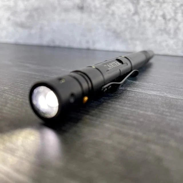 Engraved black multitool tactical pen with LED flashlight and survival tools