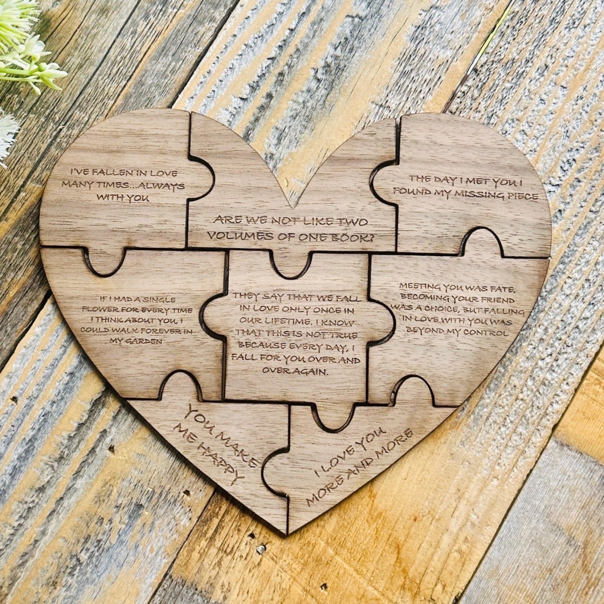 Personalized wooden puzzle heart set with custom romantic quotes and names, crafted from walnut-finished plywood, housed in a high-quality wooden box – perfect for anniversaries, Valentine’s Day, or weddings.