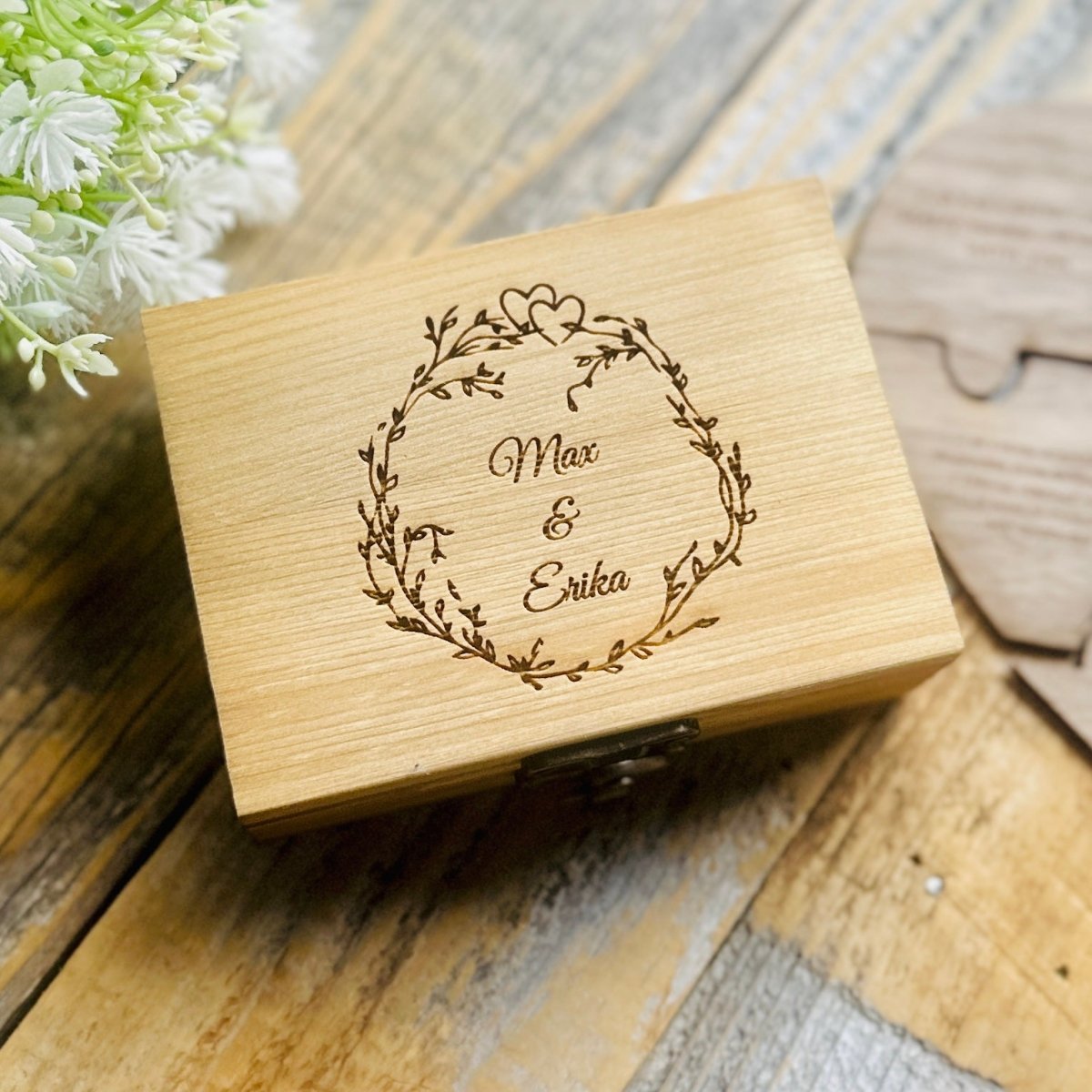 Personalized wooden puzzle heart set with custom romantic quotes and names, crafted from walnut-finished plywood, housed in a high-quality wooden box – perfect for anniversaries, Valentine’s Day, or weddings.