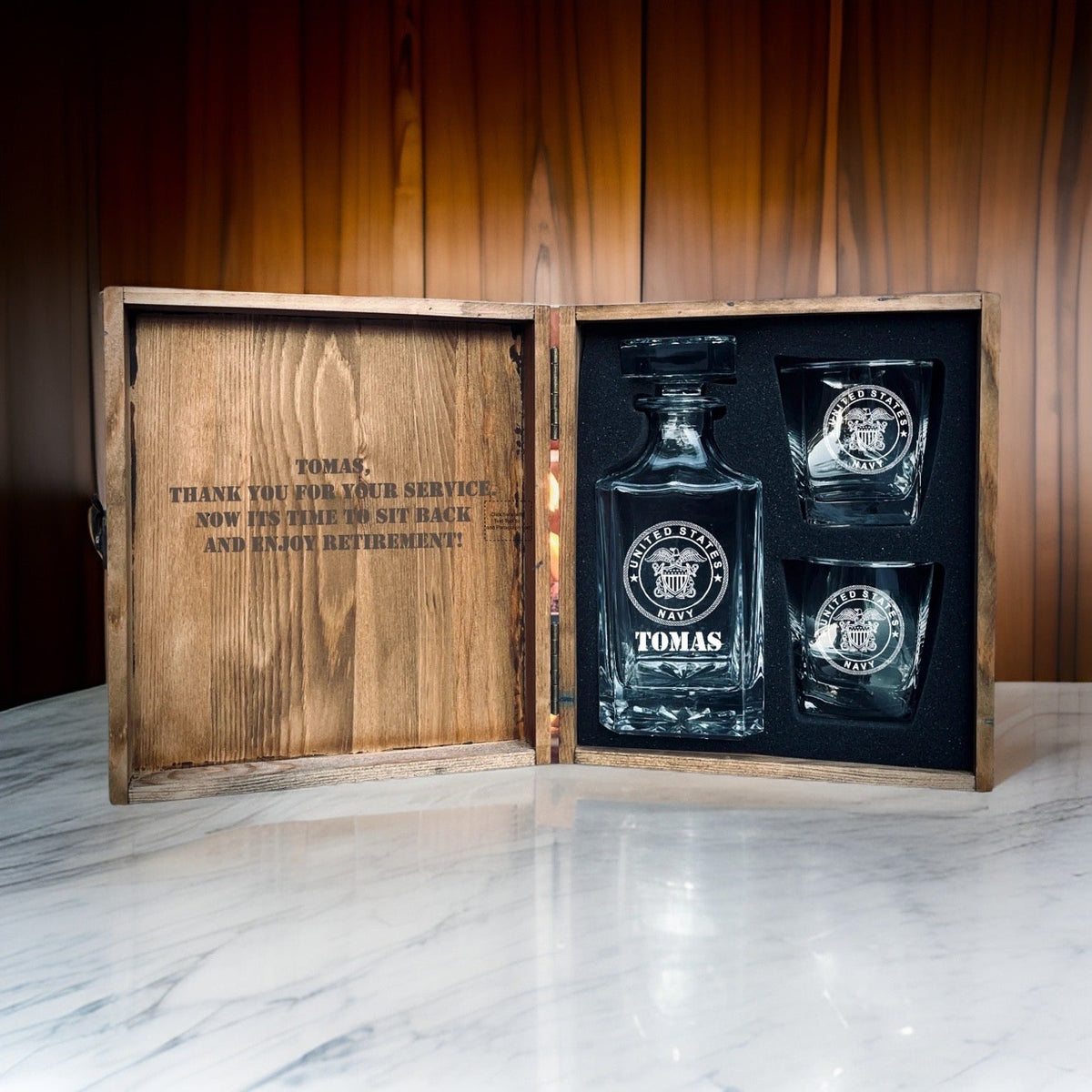 Custom engraved military whiskey decanter set with glasses and pine wood gift box