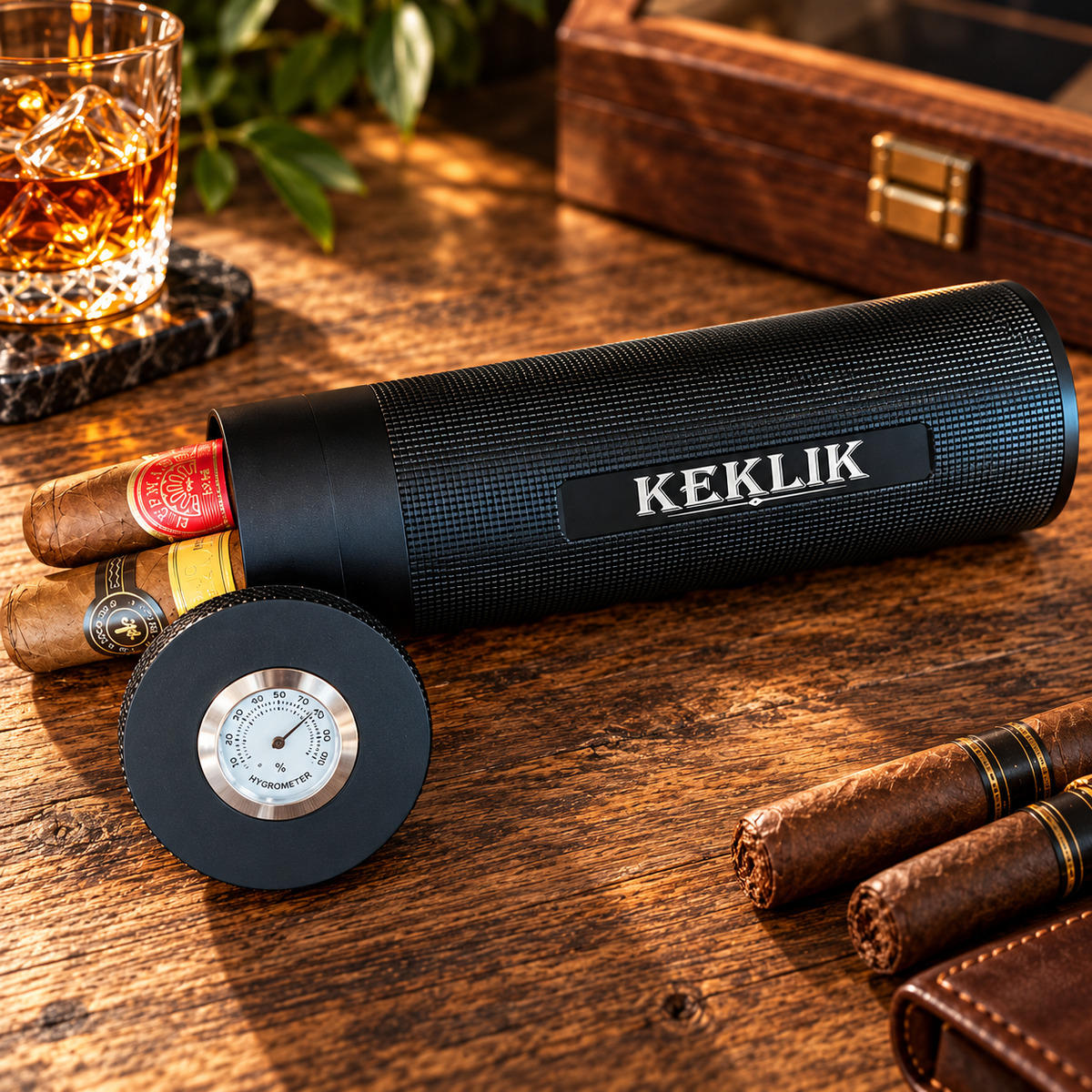A black cylindrical KEKLIK humidor with a sliding lid, shown open on a wooden table with cigars inside and a separate round hygrometer in front. A glass of amber liquor, a wooden box, and greenery are visible in the background.