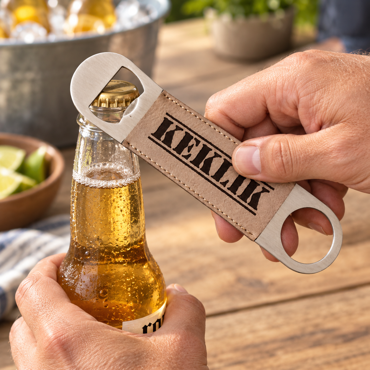 A close-up lifestyle shot of a person using a personalized bottle opener. The bottle opener features a tan leather strap with the name 'KEKLIK' printed in black, attached to a silver metal base with a bottle opener cutout and a ring pull.