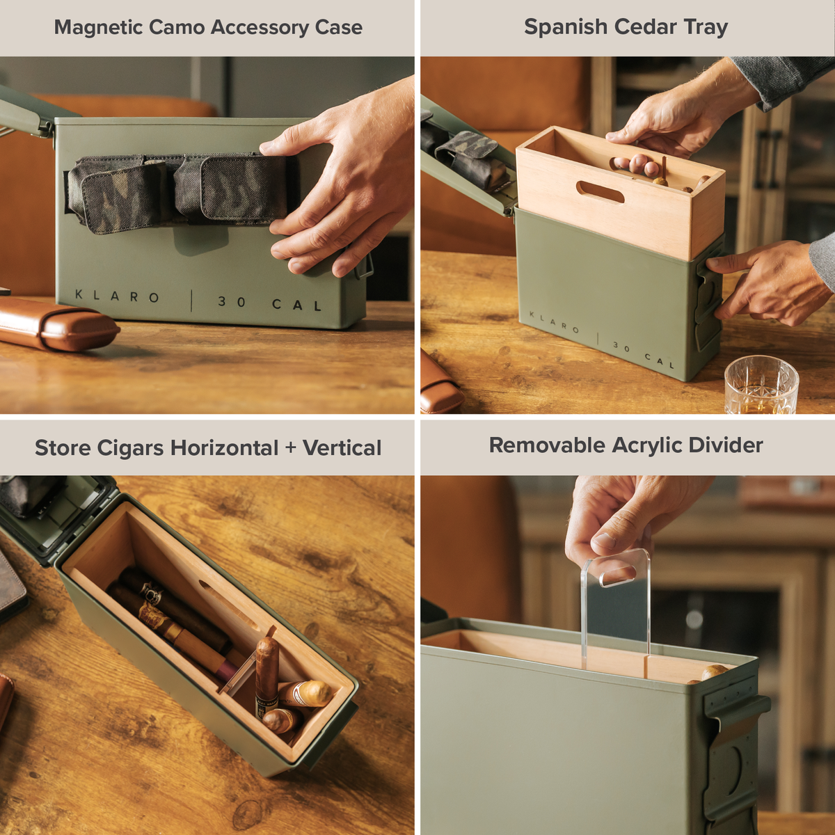 30 Cal ammo can cigar humidor with Spanish cedar tray and magnetic accessory holder – rugged military-inspired design.