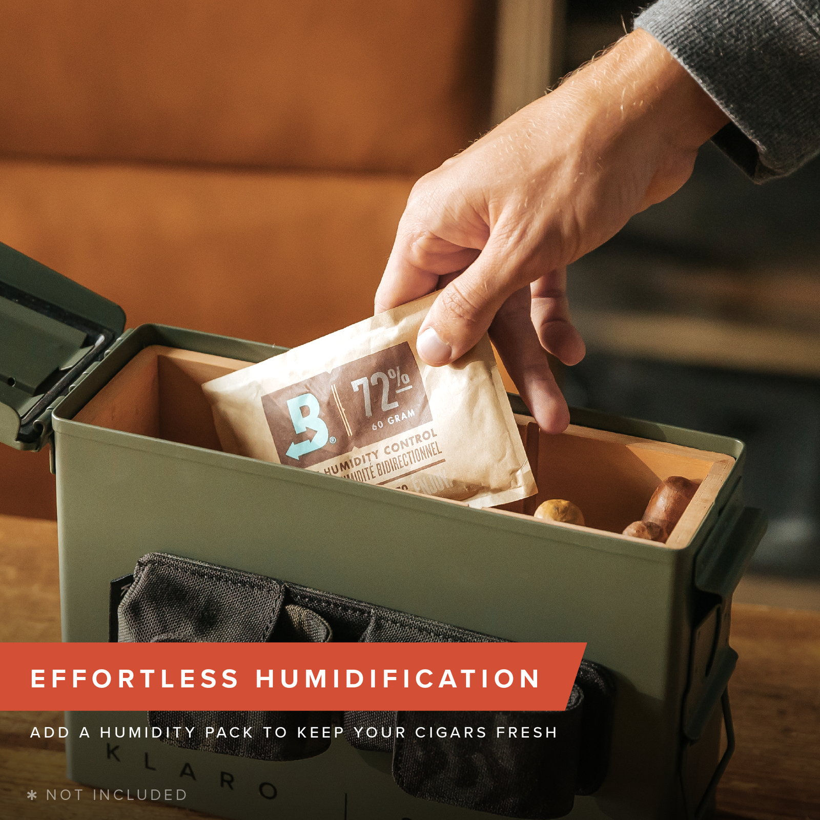 30 Cal ammo can cigar humidor with Spanish cedar tray and magnetic accessory holder – rugged military-inspired design.