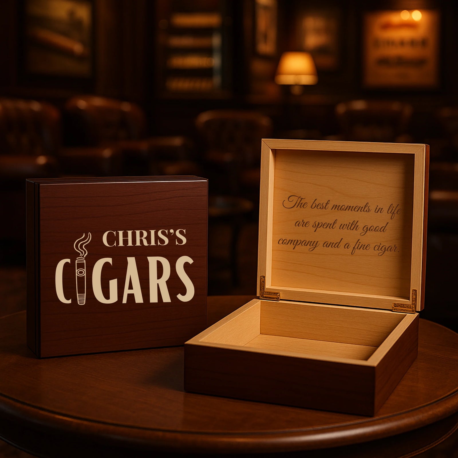 Custom engraved cigar keepsake box with name and optional message, lined with Spanish cedar