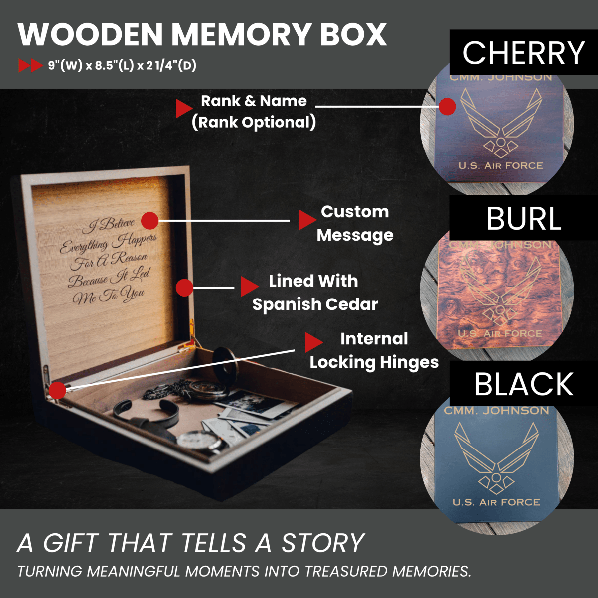 Engraved Air Force memory box with custom name and message, perfect for medals and photos
