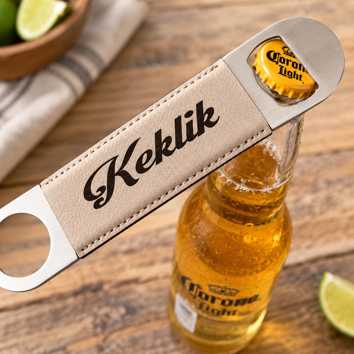 A personalized bottle opener with a beige faux-leather handle and silver metal ends, featuring the name 'Keklik' in black script. The opener is shown resting on a glass bottle of Corona Light beer on a wooden table, with lime wedges and a bowl in the background.