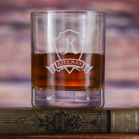 Unique Personalized Etched Shield and Banner Stolzle Crystal Rocks Glass Customized Drinkware Gifts for Men by Groovy Guy