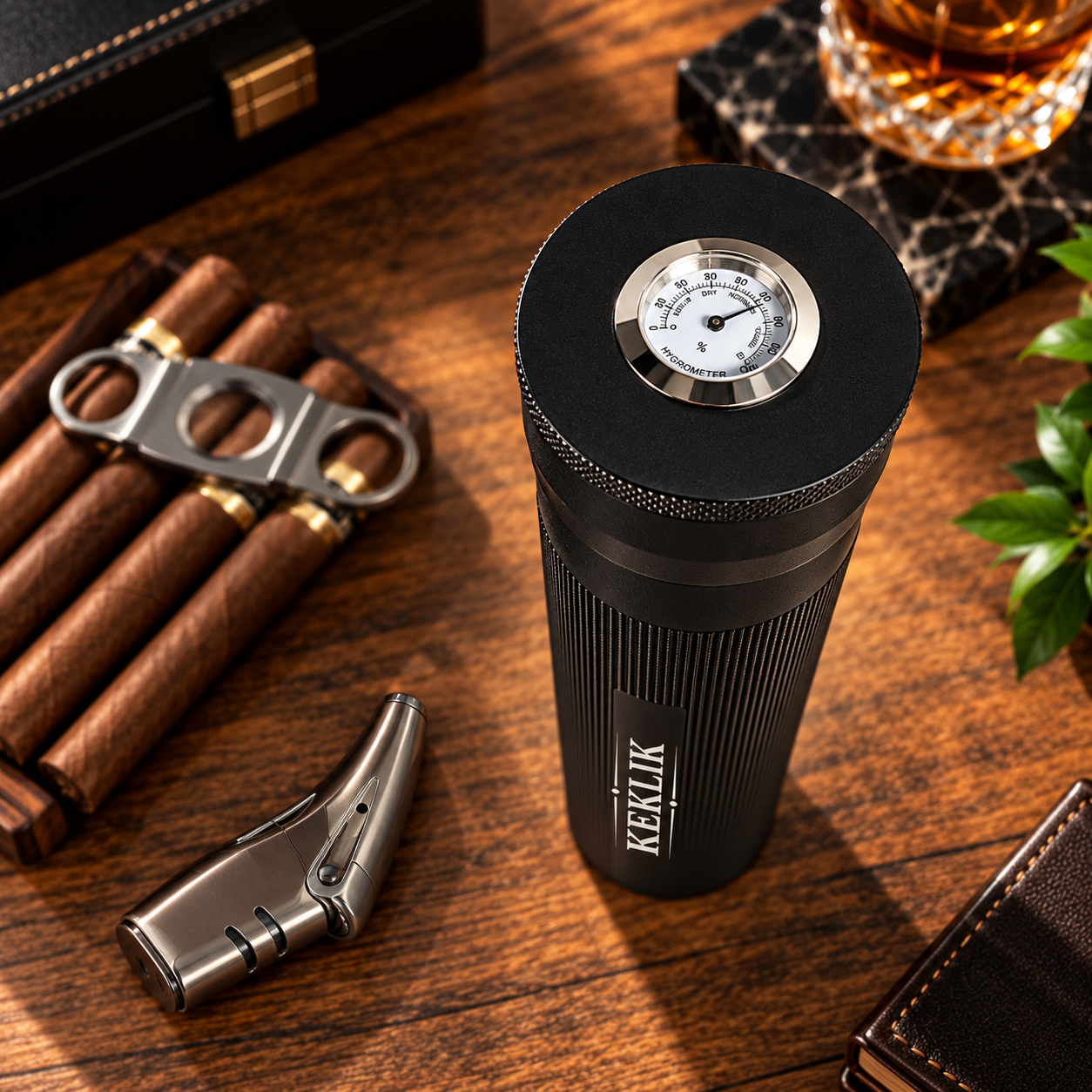 A black cylindrical KENLIK cigar torch lighter with a temperature gauge on top, displayed on a wooden table alongside cigars, a cigar cutter, a lighter, and a glass of whiskey.