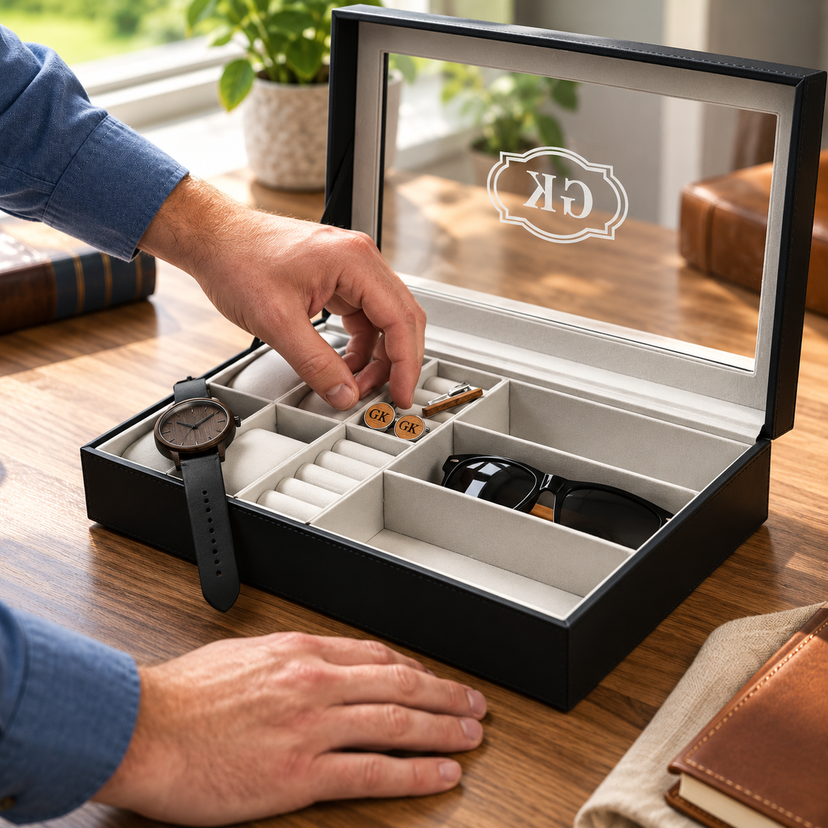 A black jewelry organizer box with a clear glass lid is open on a wooden desk, showing multiple compartments, a watch, sunglasses, and keys. A person's hands are placing and adjusting items inside the box.