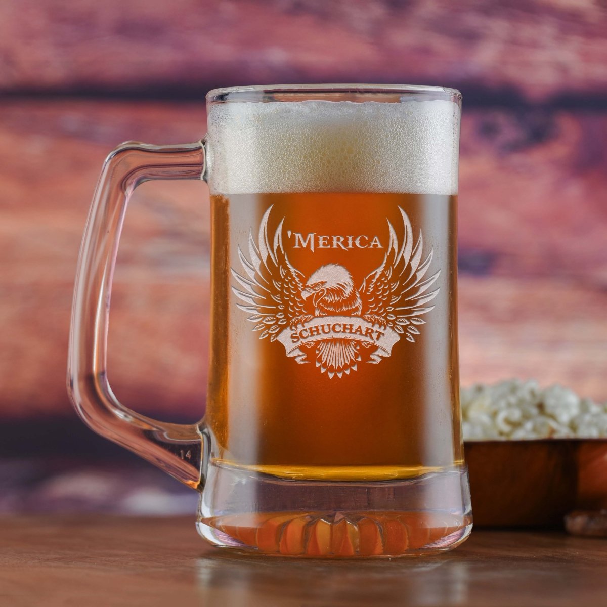 Engraved beer mug with bald eagle and American flag design, personalized with name