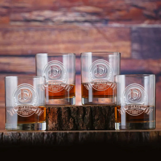Unique Personalized Engraved Bourbon Glasses Set of 4 Customized Drinking Glass Gifts for Men by Groovy Guy