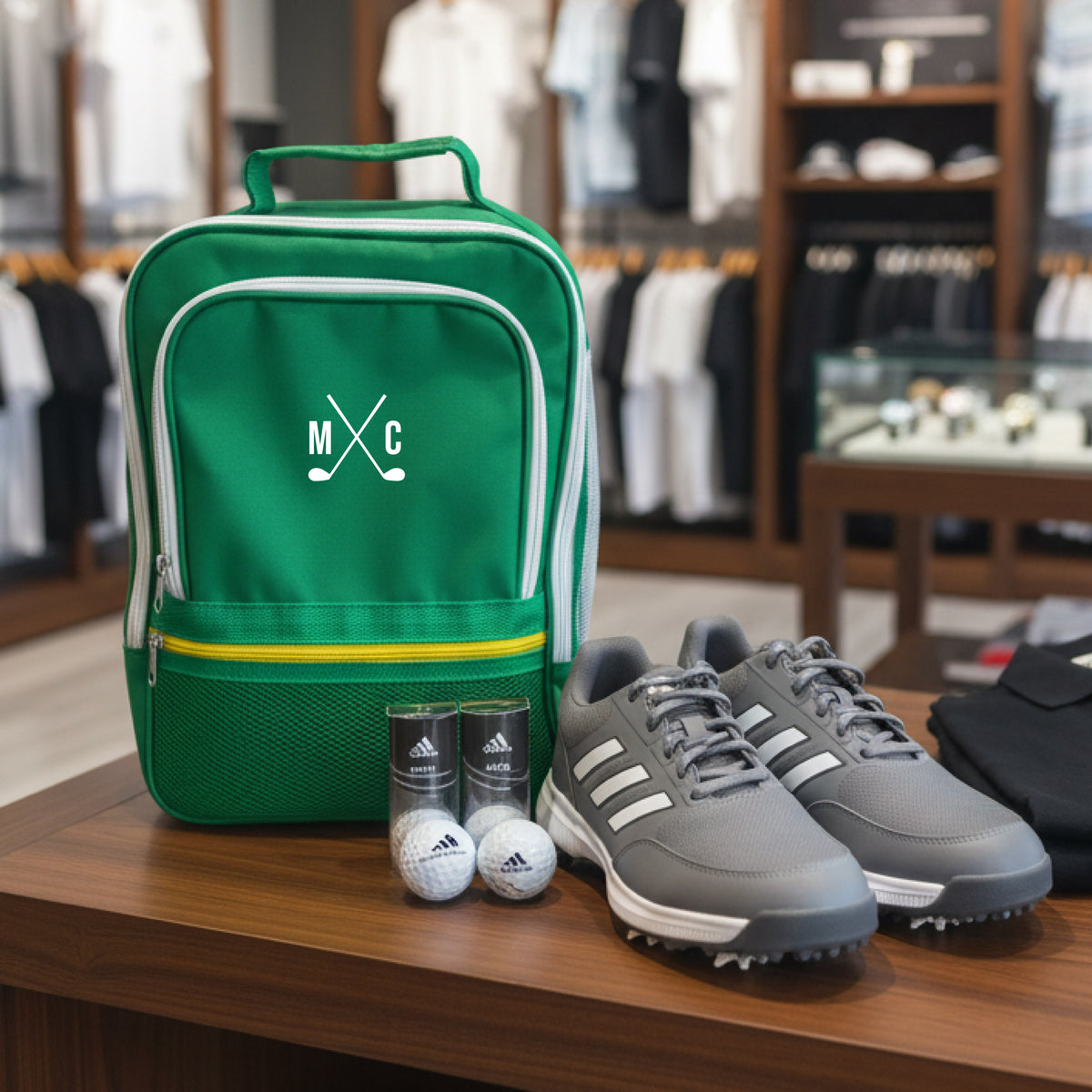 Green golf shoe bag with sample monogram "M∧C" and crossed-club design, displayed with golf shoes, golf balls, and accessories on wooden table