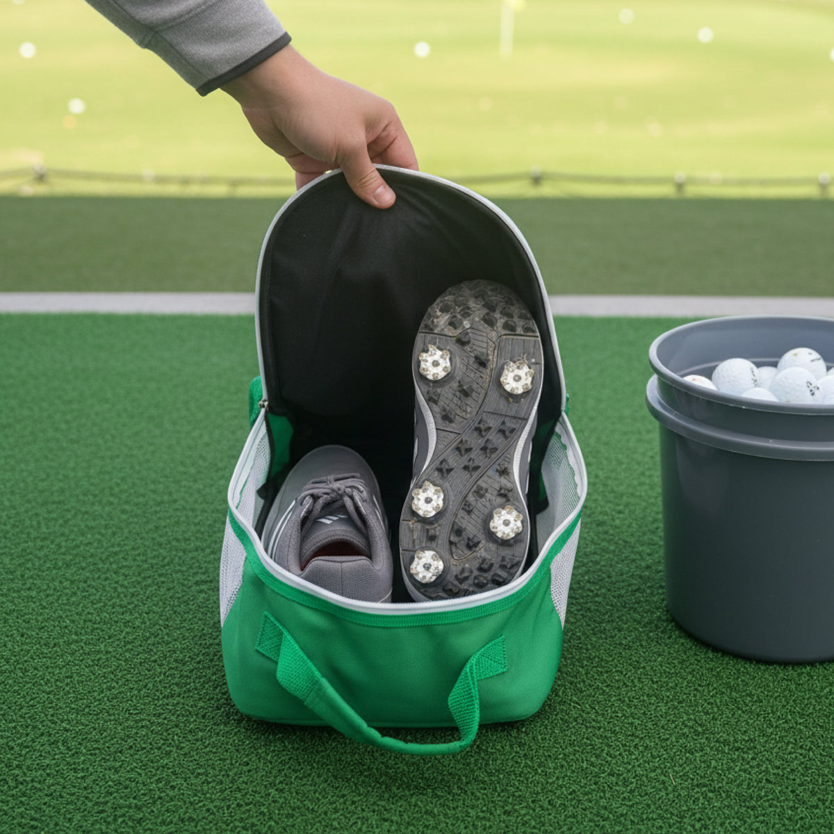 Green golf shoe bag with black interior held open to display gray golf shoe with spiked sole inside, shown on artificial turf near bucket of golf balls