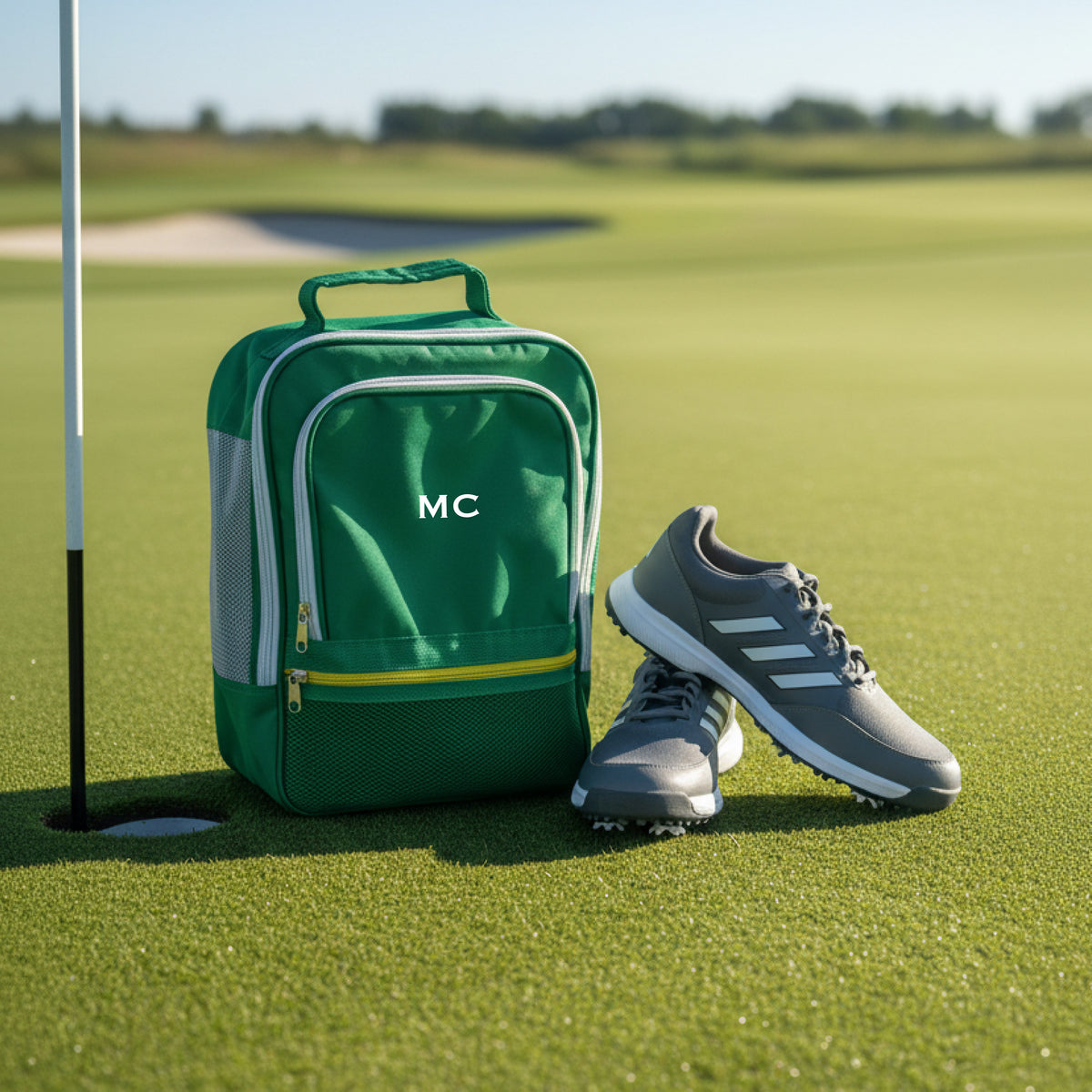 Green golf shoe bag with sample monogram "MC" and gold stripe trim, displayed on putting green next to golf shoes and flagstick