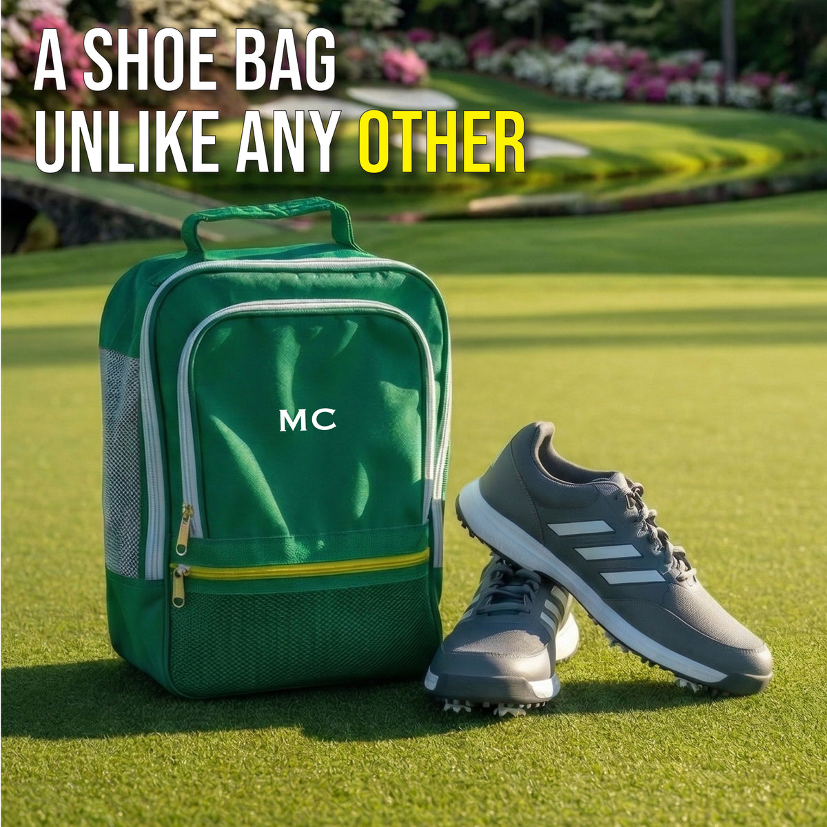Green shoe bag with sample monogram "MC" displayed on golf course next to black and white athletic shoe