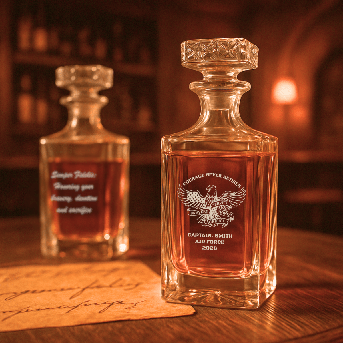 Engraved whiskey decanter with “Courage Never Retires” design and custom military details