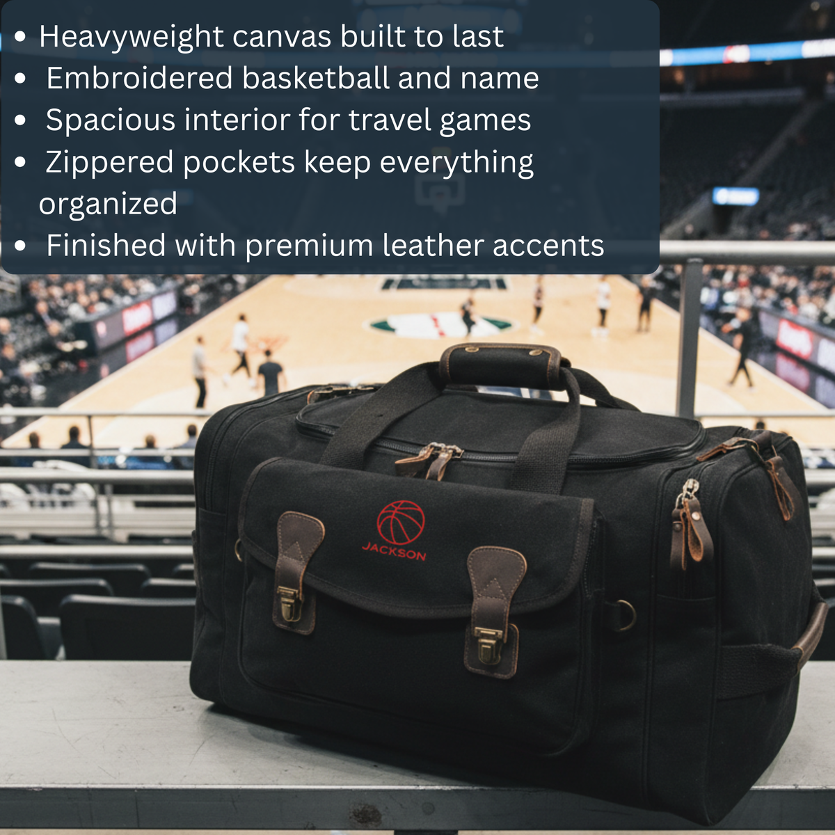 Black canvas personalized basketball duffle bag with feature callouts for the embroidered basketball, roomy interior, and zippered pockets.